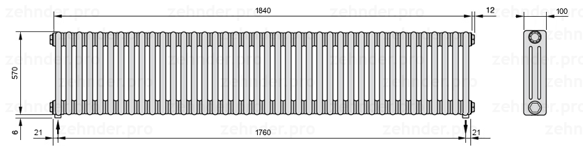 Схема (чертеж) Радиатор Zehnder Charleston 3057/40 №3570 Technoline TL
